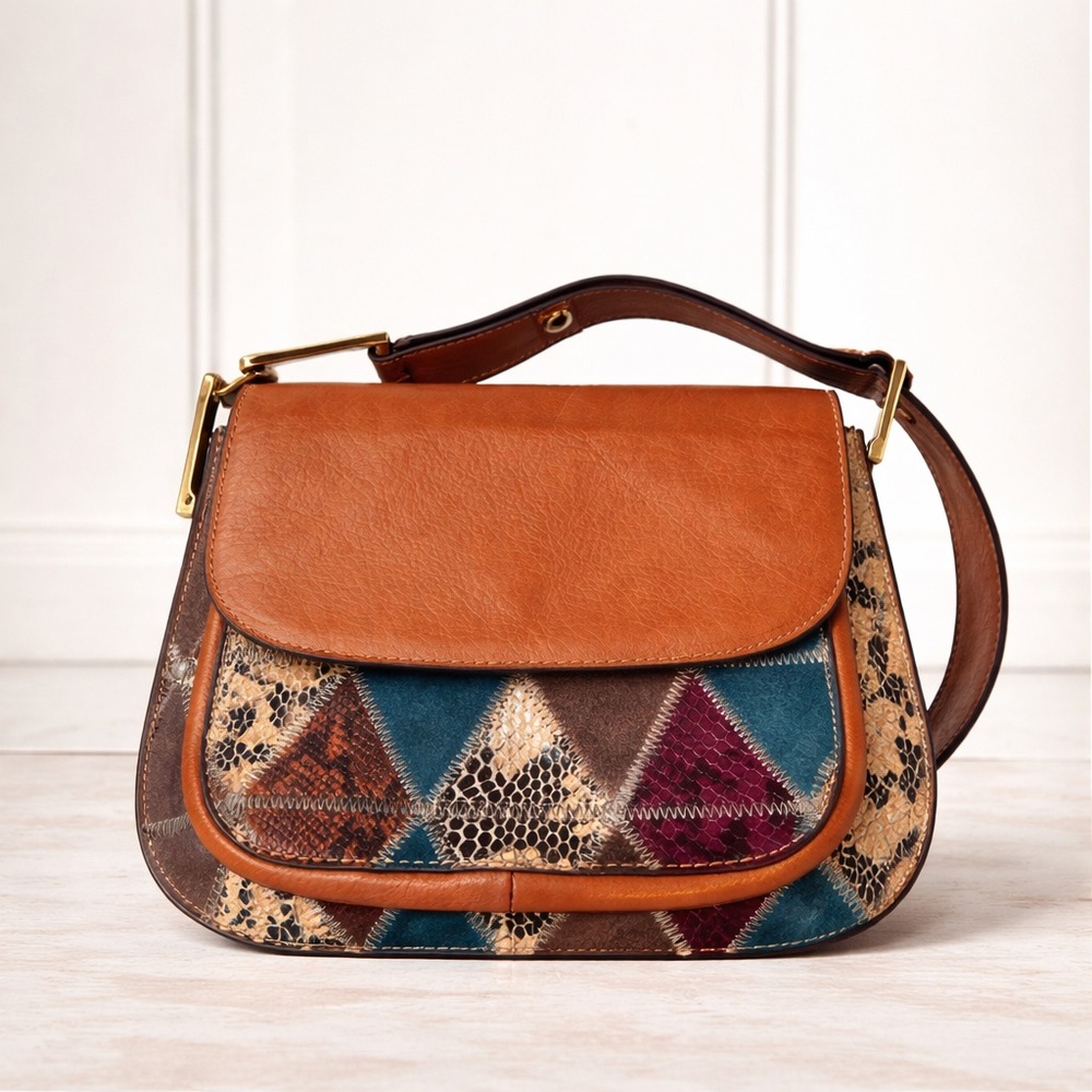 Sam Edelman Genuine Leather Patchwork Boho Crossbody Purse Brown Gold Hardware - Picture 4 of 15